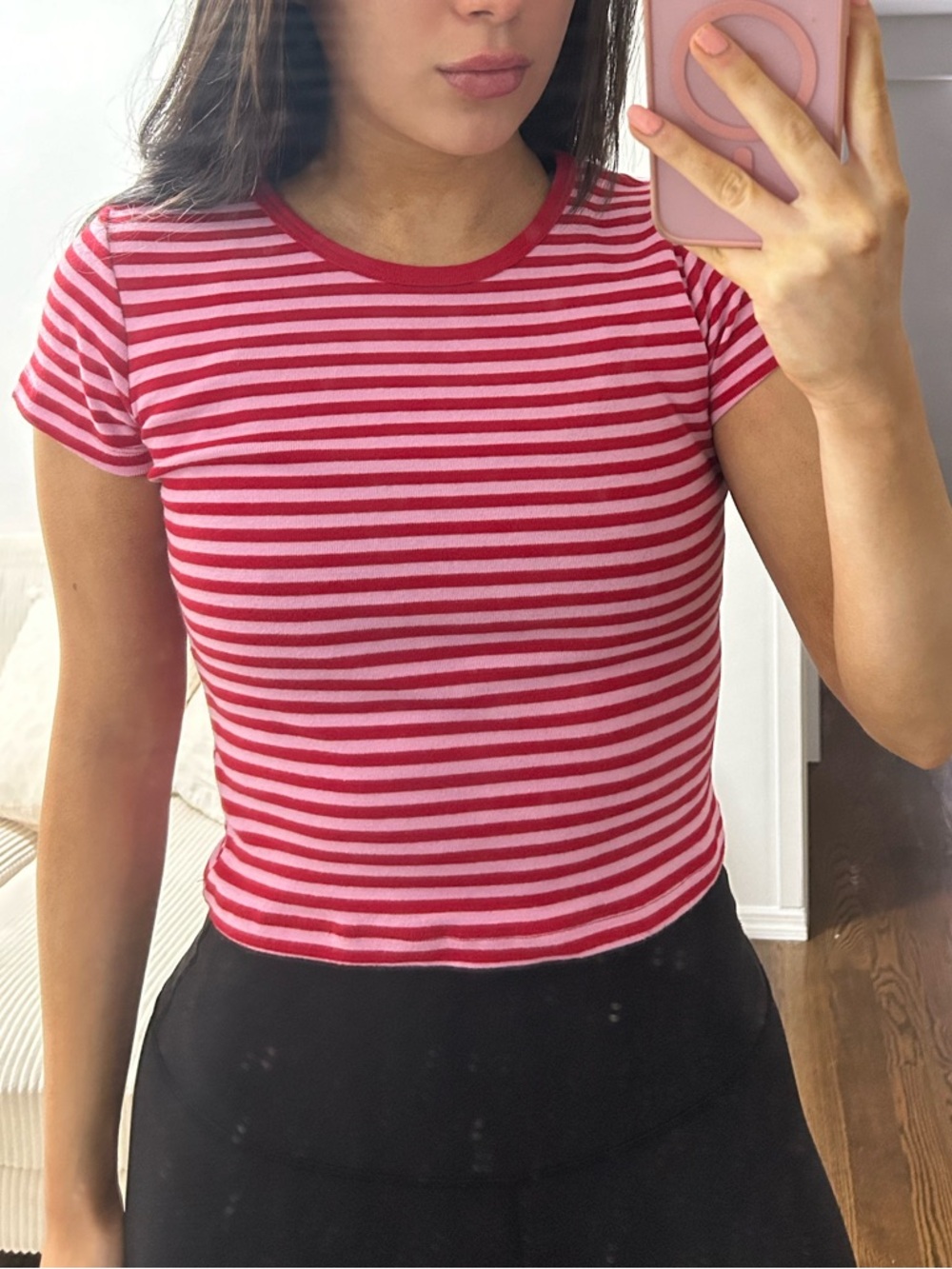 Brandy Melville Red and Pink Striped Short-Sleeve Tee